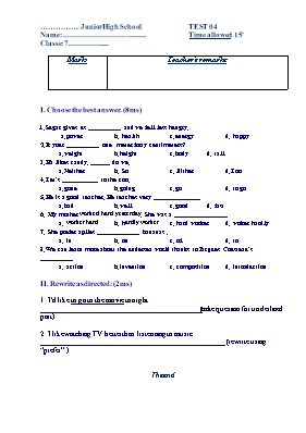 Đề kiểm tra 15 phút số 4 học kỳ I môn Tiếng Anh Lớp 7